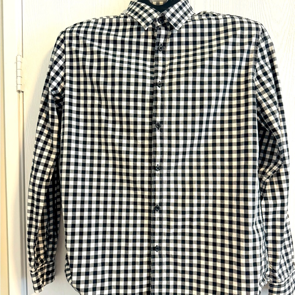 H&M Mens Regular Fit Black White Checkered Long Sleeve Shirt Size L